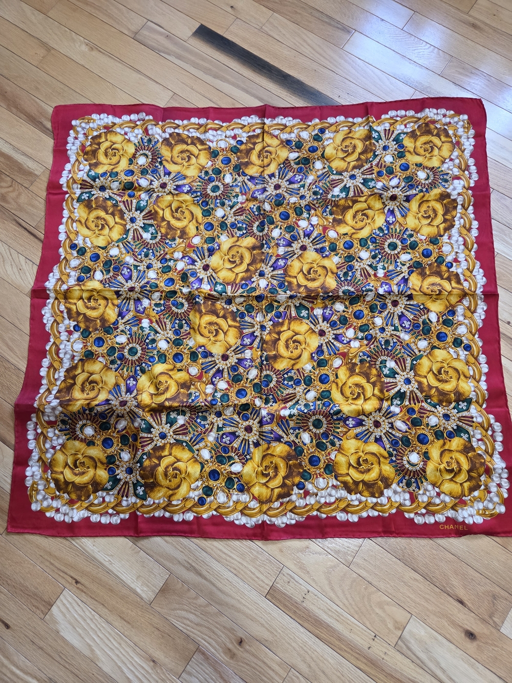Vintage Chanel Silk Scarf – Jewels & Roses Motif, 90 cm Square
